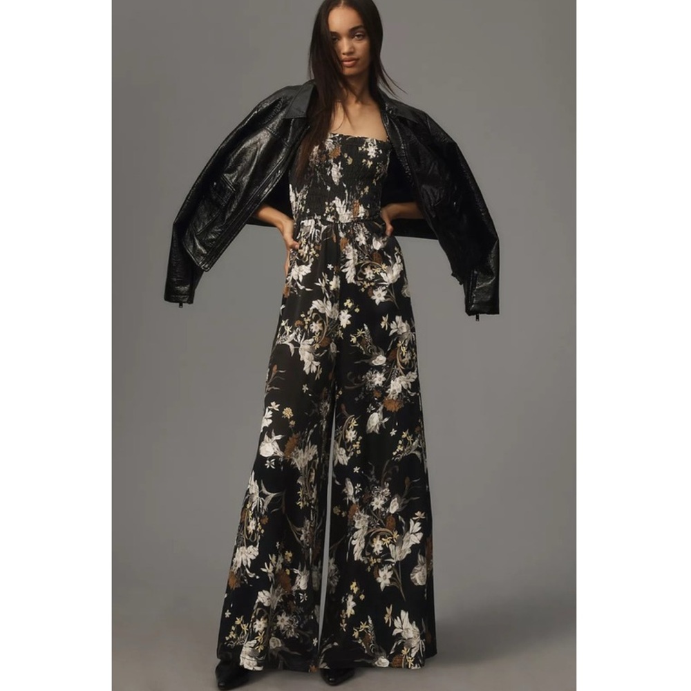 Anthropologie Pilcro Smocked Printed Jumpsuit in Black Motif